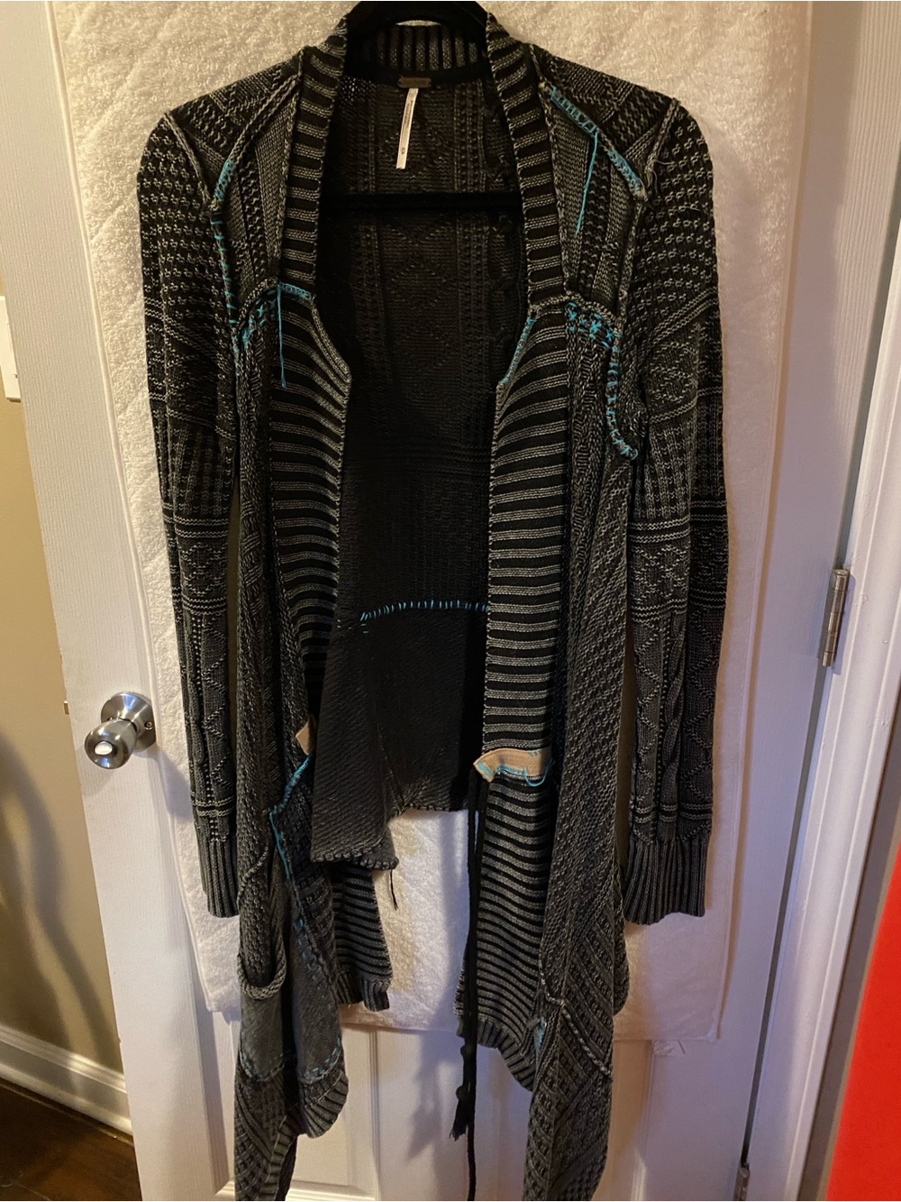 Free People Black Knit Open-Front Cardigan with Teal Accents